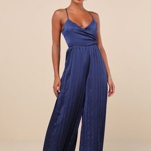 Lulus Memorably Sophisticated Navy Satin Pleated Backless Jumpsuit Blue - Size S